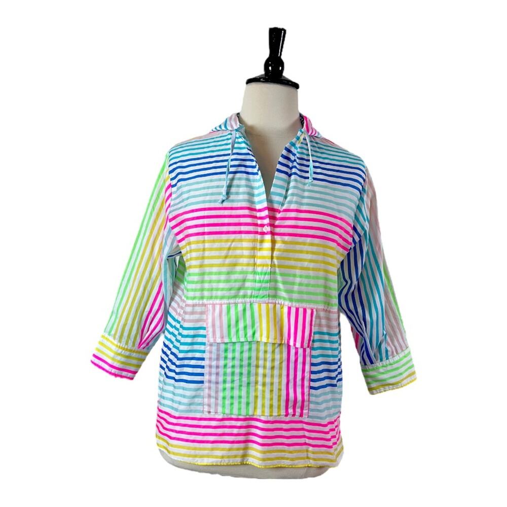 VILAGGO Top Pullover Hoodie Front Pocket White Pink Stripes Euro Size 46 XL